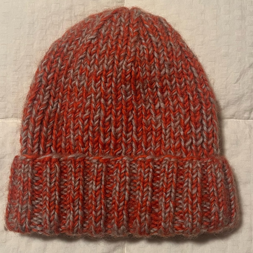 Hand knit Wool Cozy Red, Orange, and Gray Knit Beanie (Tara with Anthopologie)
